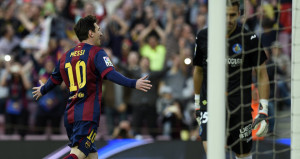 Lionel Messi celebrating scoring the first goal in Barcelona's 6-0 victory over Getafe