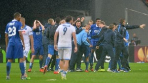 Dnipro celebrate after defeating Napoli to make it to the Europa League final