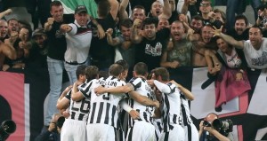 Juventus players celeberate the opening goal against Real Madrid in their 2-1 Champions League victory