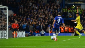 Cesc Fabregas scores Chelsea's fourth goal in the Blues 4-0 Champions League win over Maccabi Tel Aviv