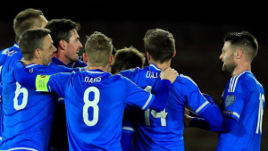 Northern Ireland players celebrate Craig Cathcart's goal in a 1-1 draw against Finland