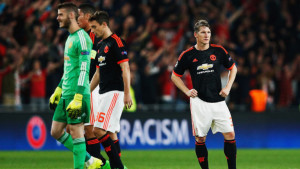 Manchester United players look dejected after the Red Devils 2-1 defeat against PSV Eindhoven in the Champions League